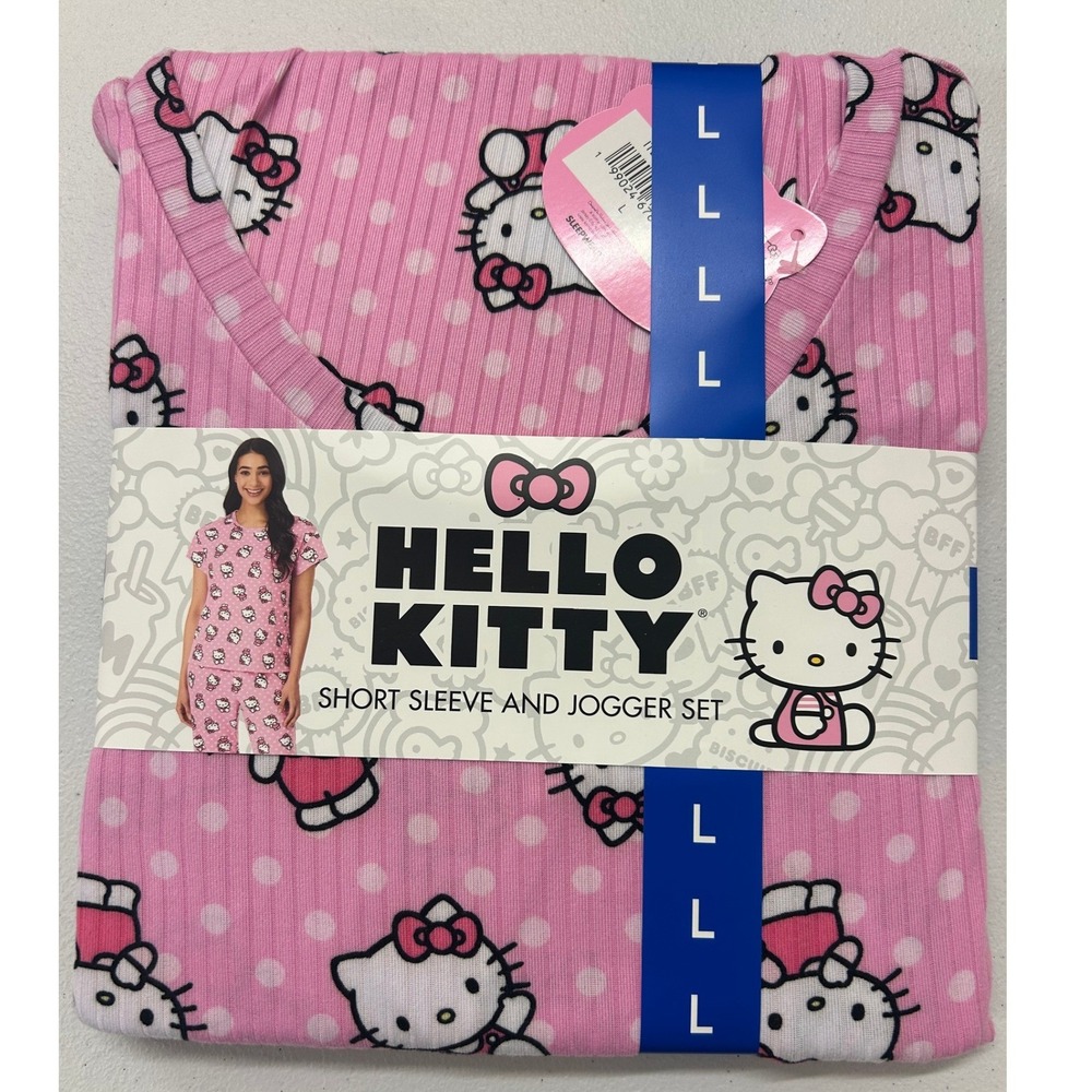 Hello Kitty Pink Polka Dot Ribbed Short Sleeve and Jogger Pajama Set Large L NEW